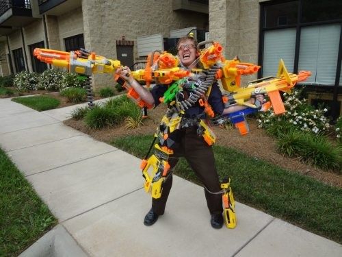 This guy is packing some serious NERF firepower, and he's not afraid 